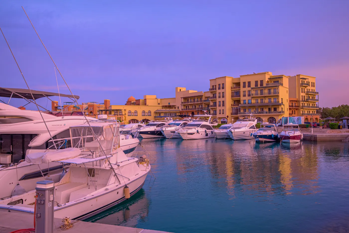 Yachts in the marina of Hurghada at sunset