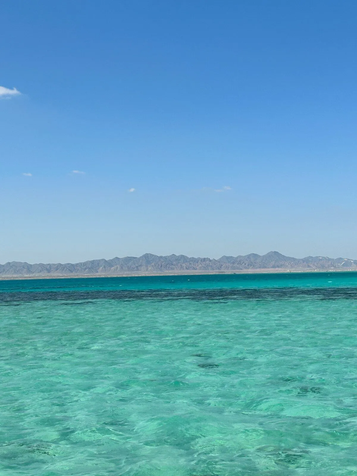 Clear turquoise water in the Red Sea, with mountains on the horizon