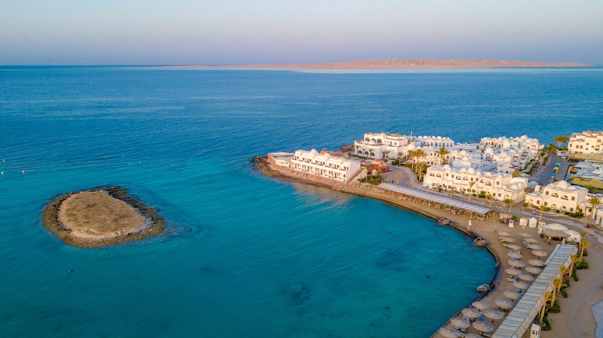 Aerial view of resort villas on the Red Sea coast at Nabq Bay